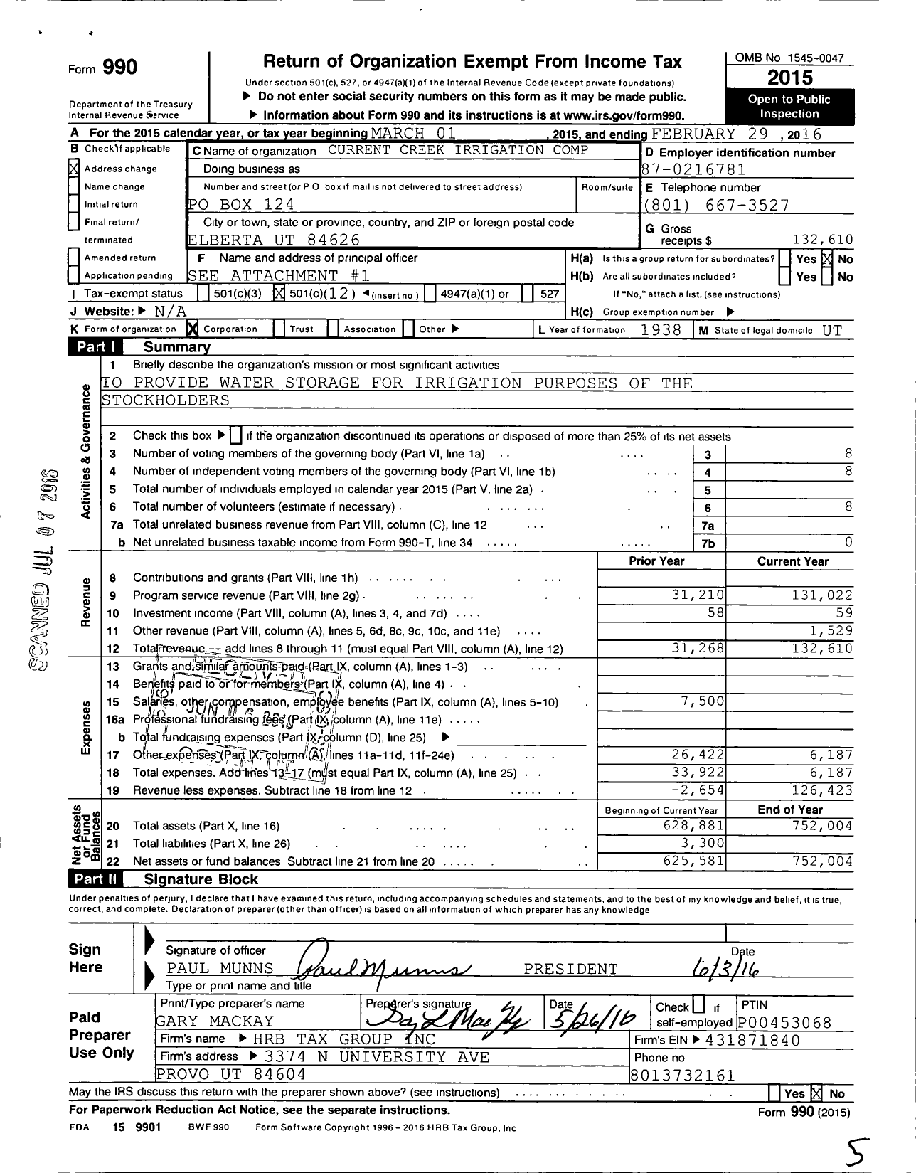 Image of first page of 2015 Form 990O for Current Creek Irrigation Company
