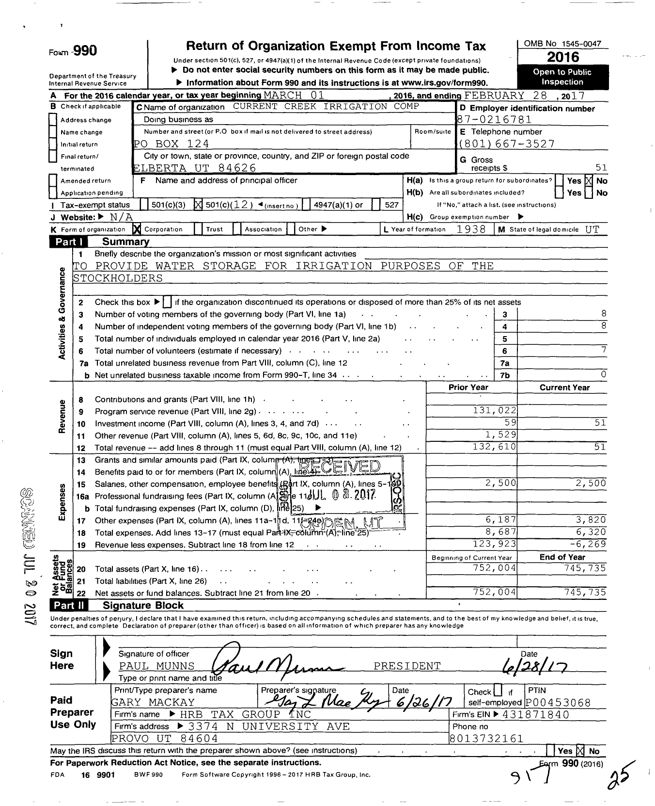 Image of first page of 2016 Form 990O for Current Creek Irrigation Company