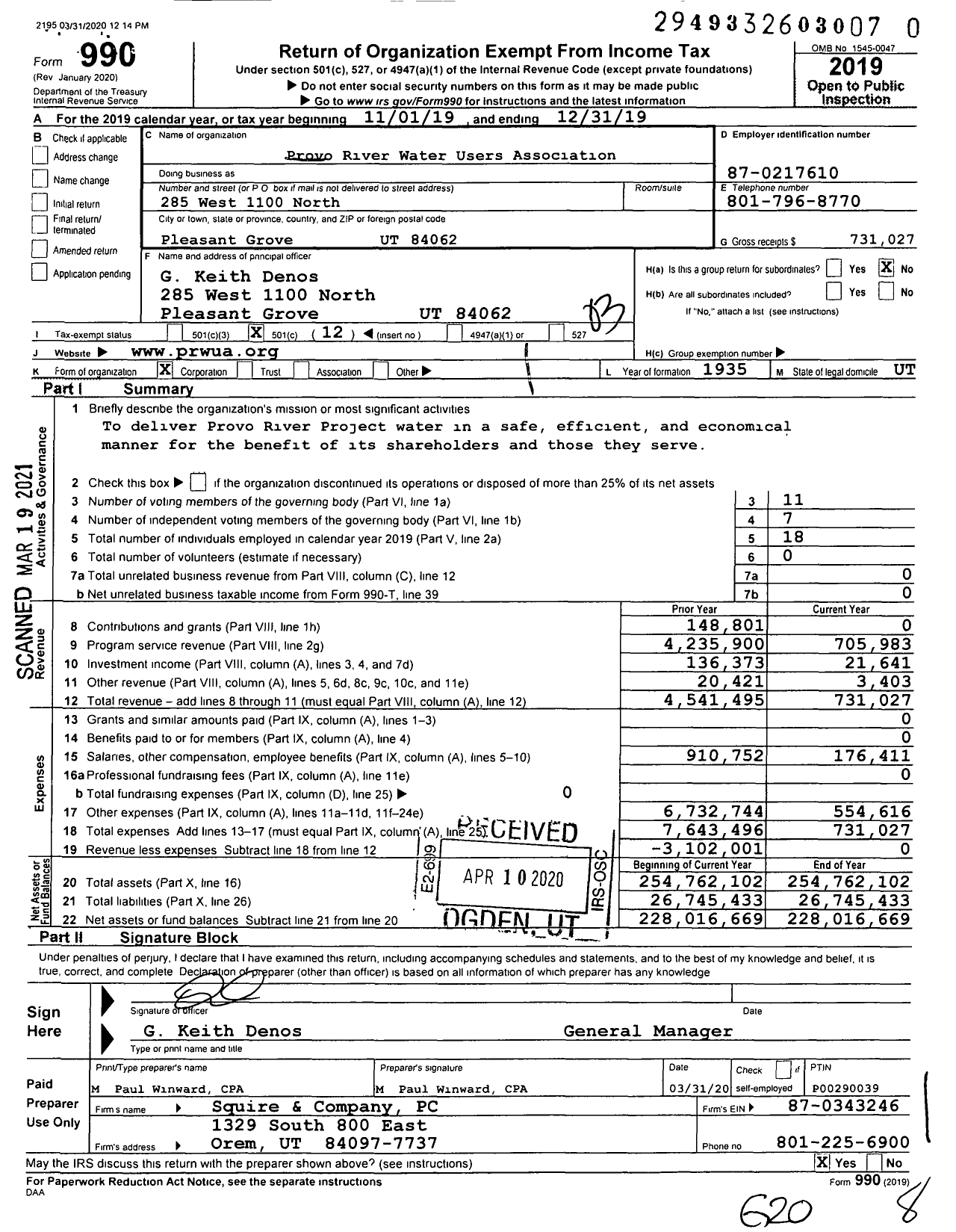 Image of first page of 2019 Form 990 for Provo River Water Users Association