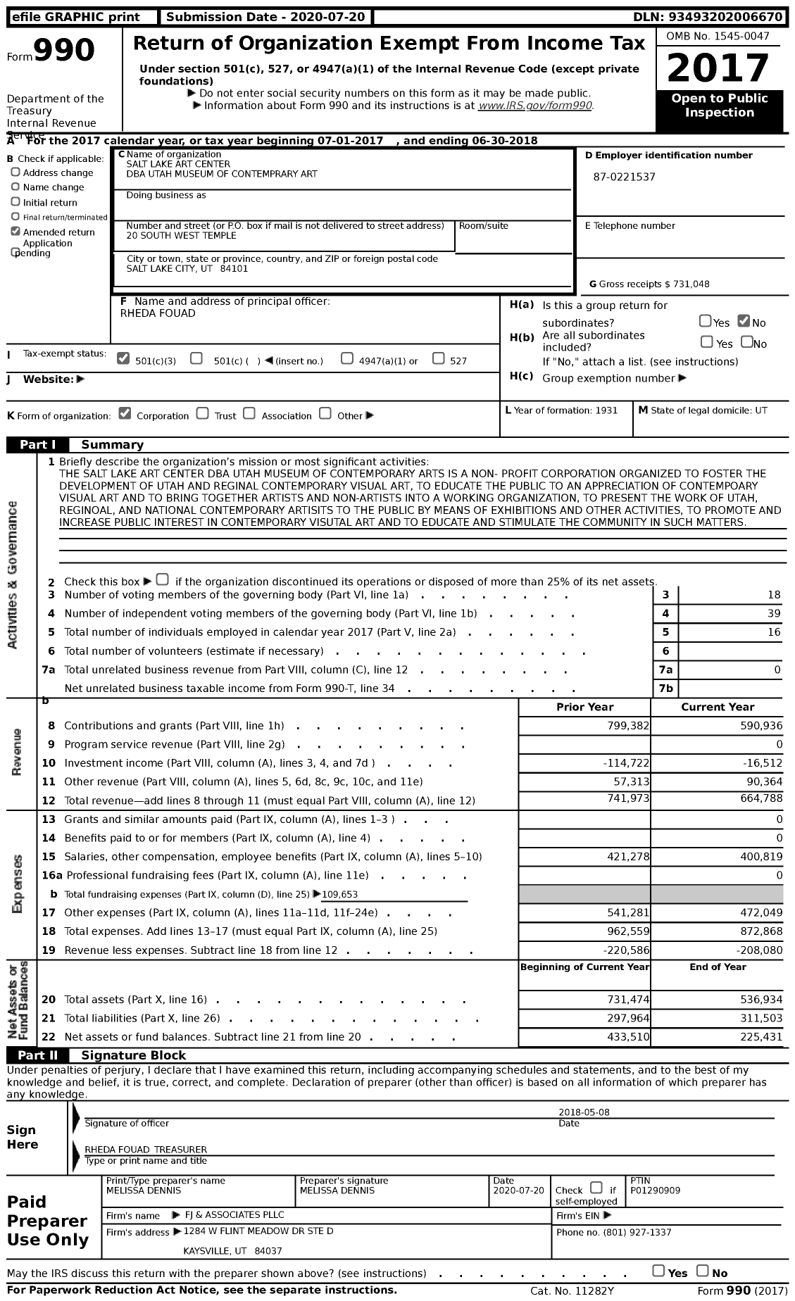 Image of first page of 2017 Form 990 for Utah Museum of Contemporary Art