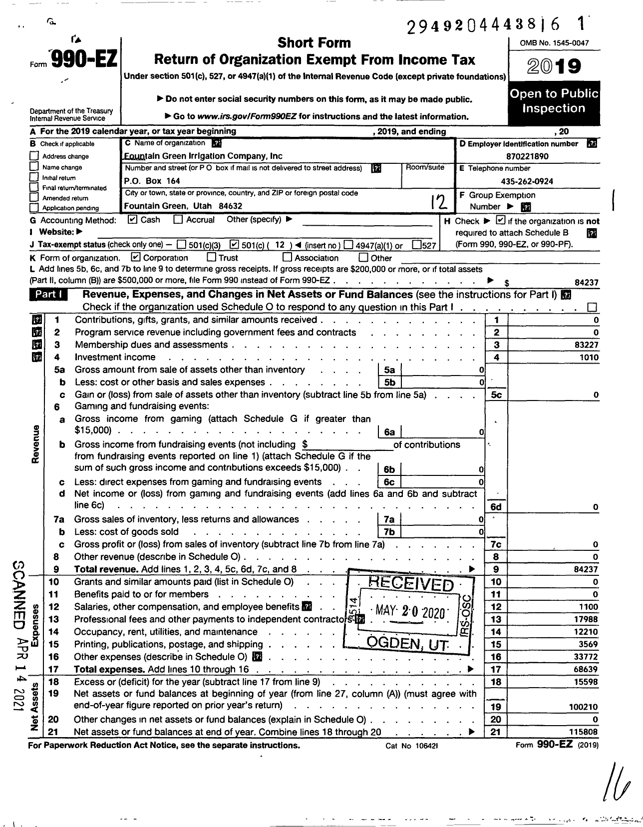 Image of first page of 2019 Form 990EO for Fountain Green Irrigation Company