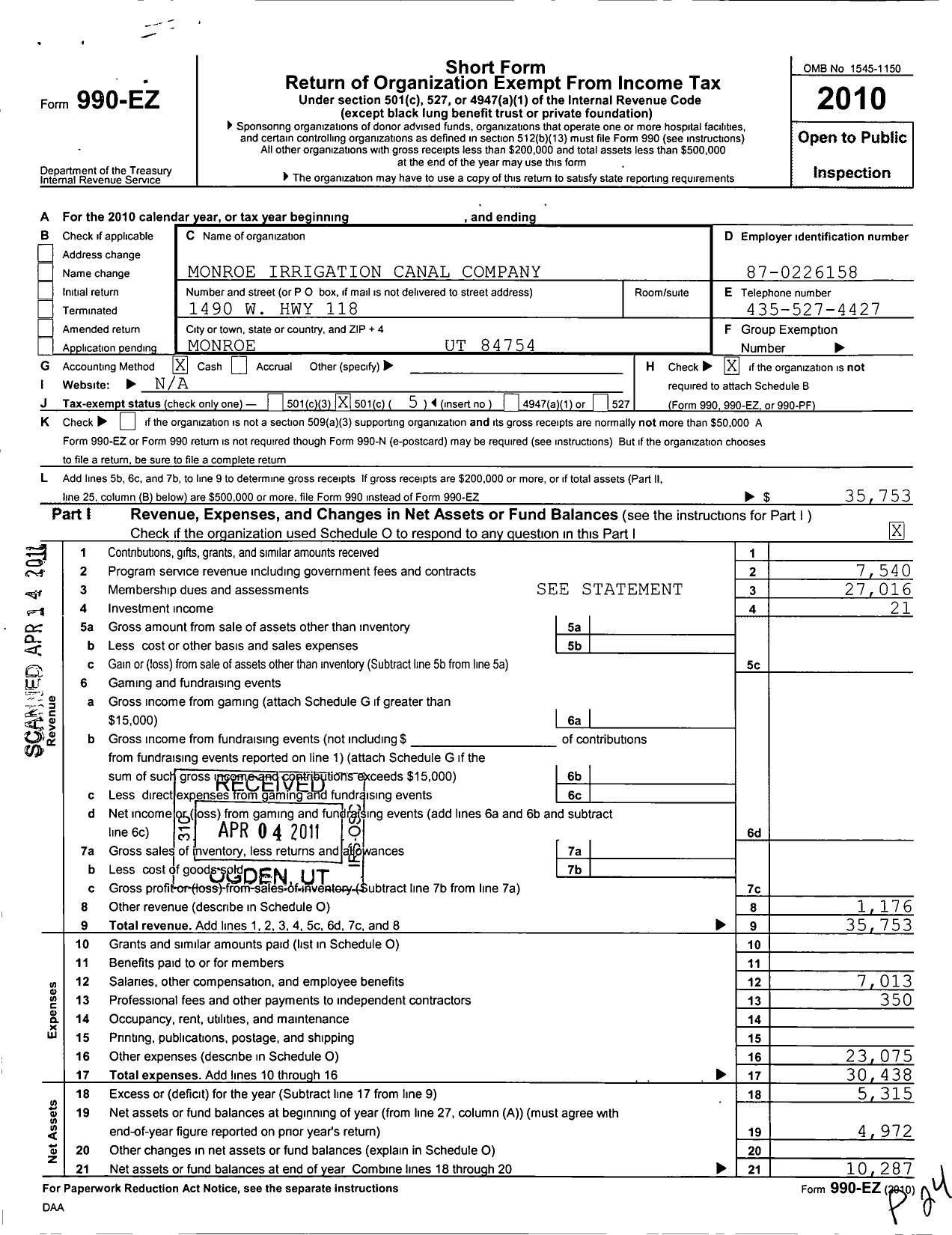 Image of first page of 2010 Form 990EO for Monroe Irrigation Canal