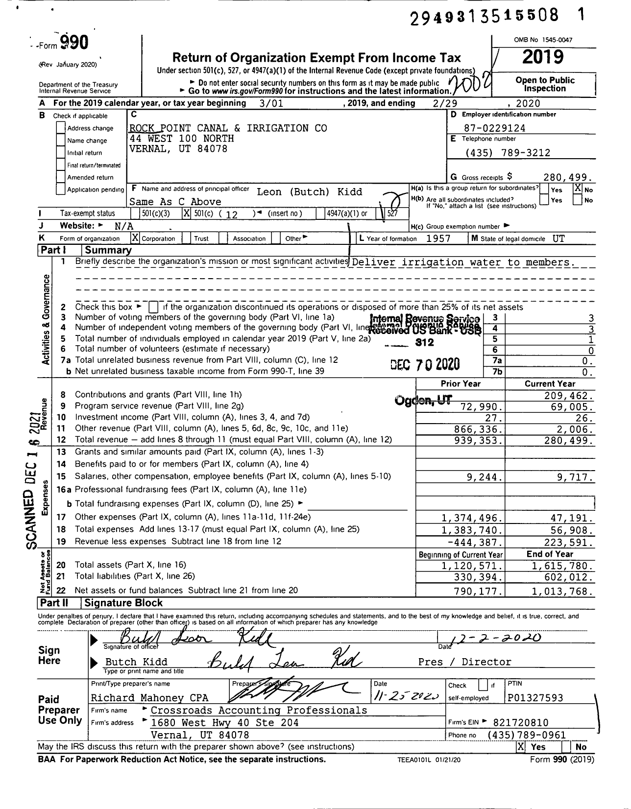 Image of first page of 2019 Form 990O for Rock Point Canal and Irrigation