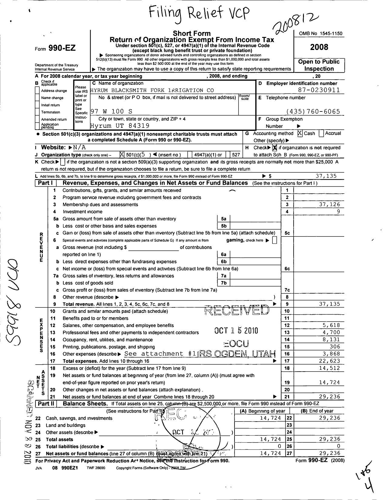 Image of first page of 2008 Form 990EO for Hyrum Blacksmith Fork Irrigation