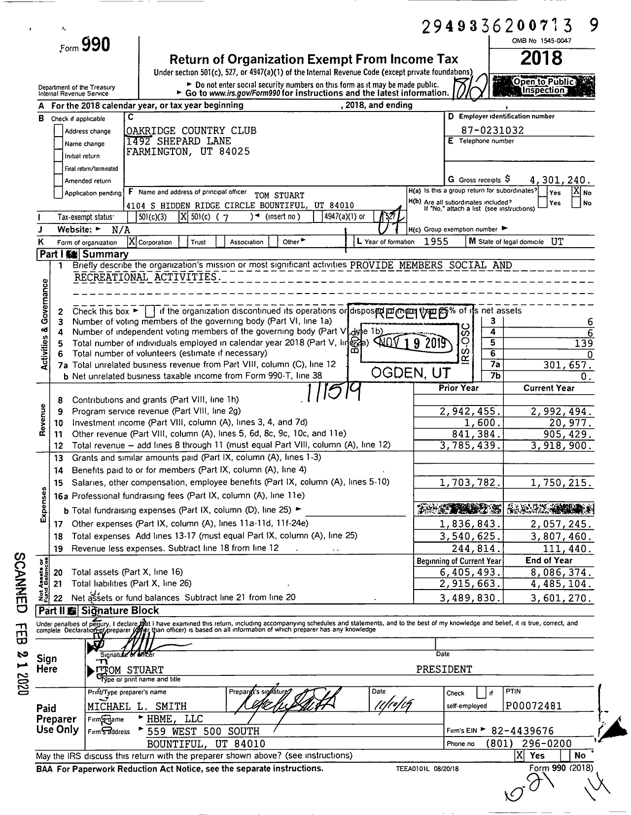 Image of first page of 2018 Form 990O for Oakridge Country Club