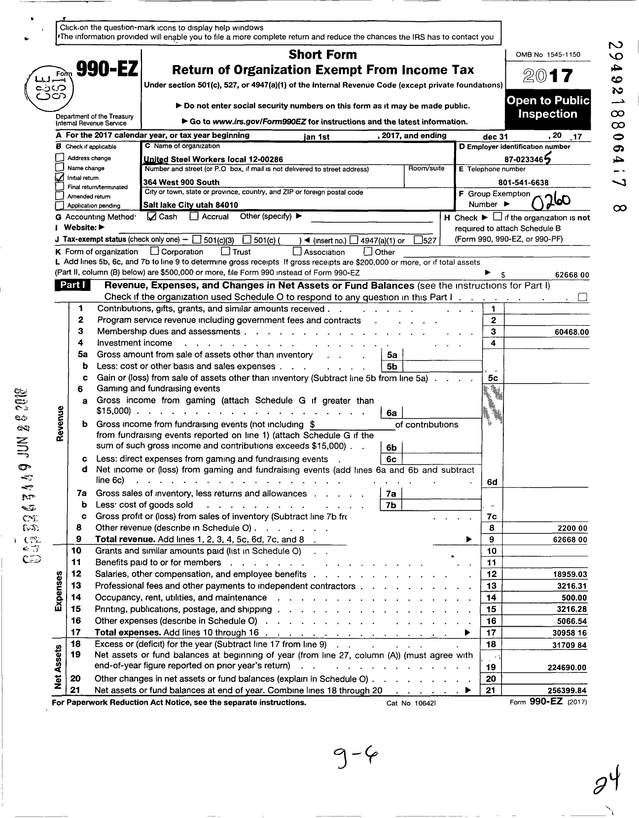 Image of first page of 2017 Form 990EO for United Steelworkers - 00286 Local