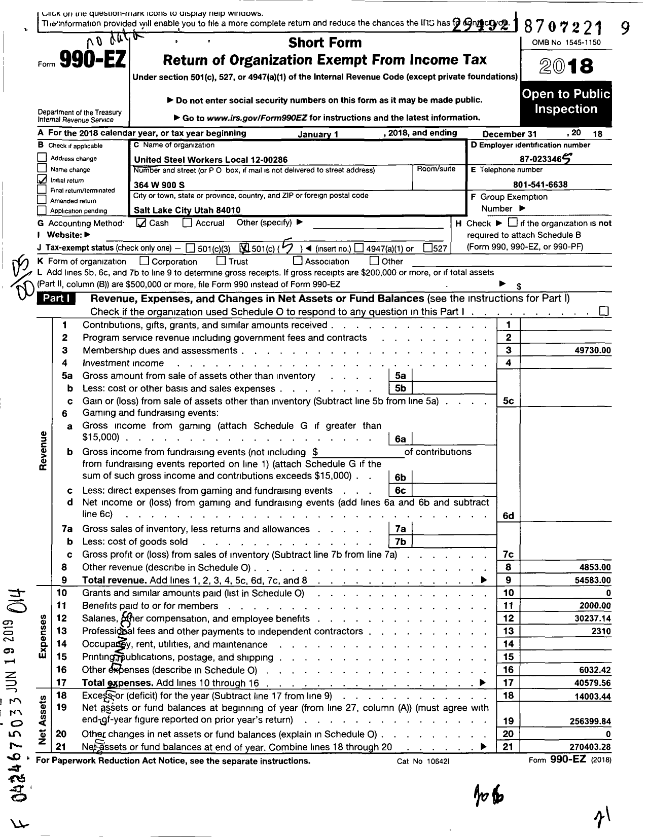 Image of first page of 2018 Form 990EO for United Steelworkers - 00286 Local