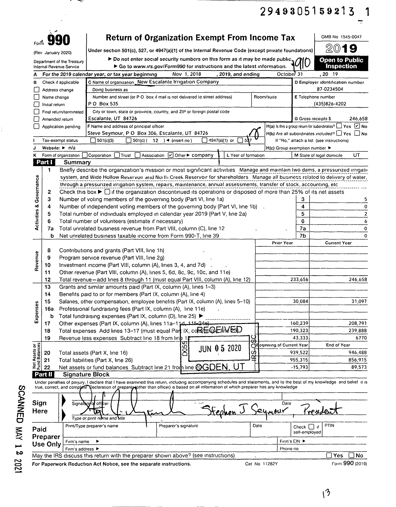 Image of first page of 2018 Form 990O for New Escalante Irrigation Company