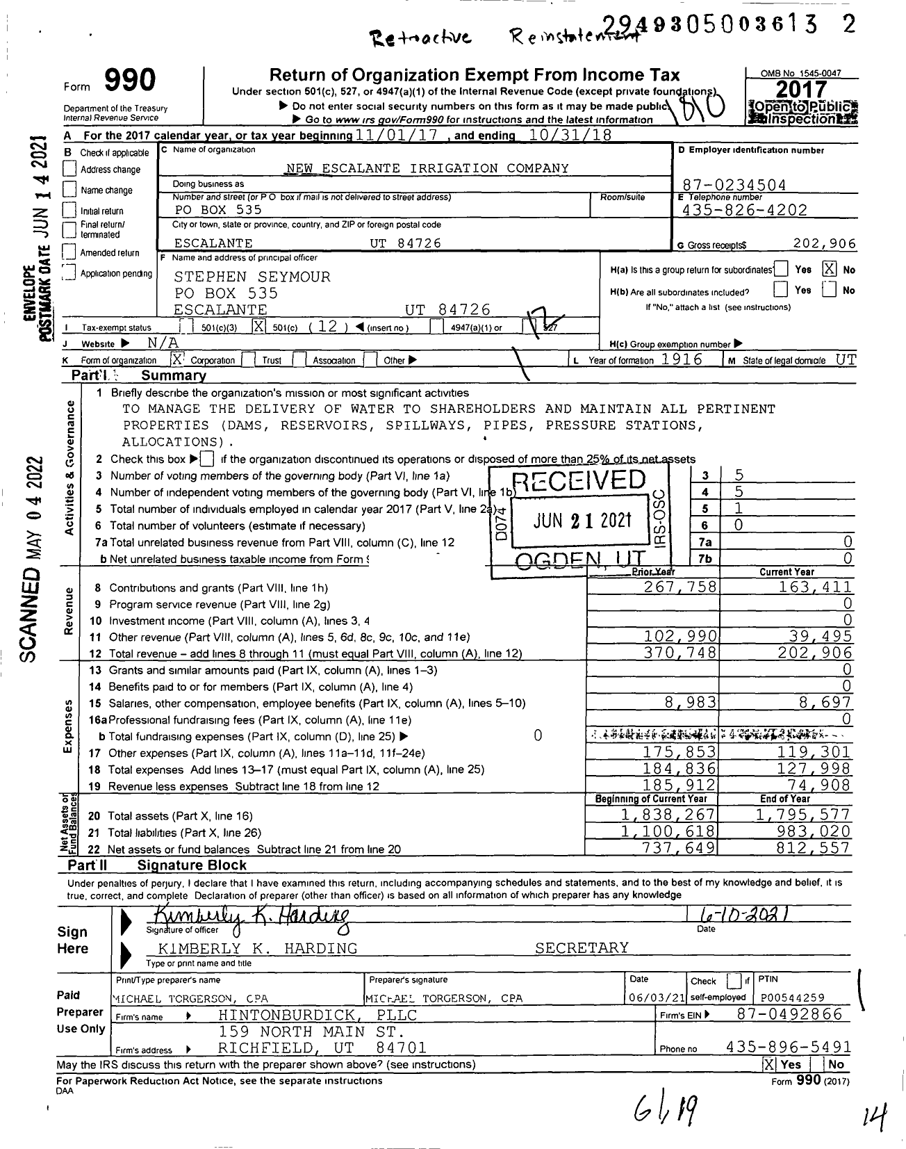 Image of first page of 2017 Form 990O for New Escalante Irrigation Company