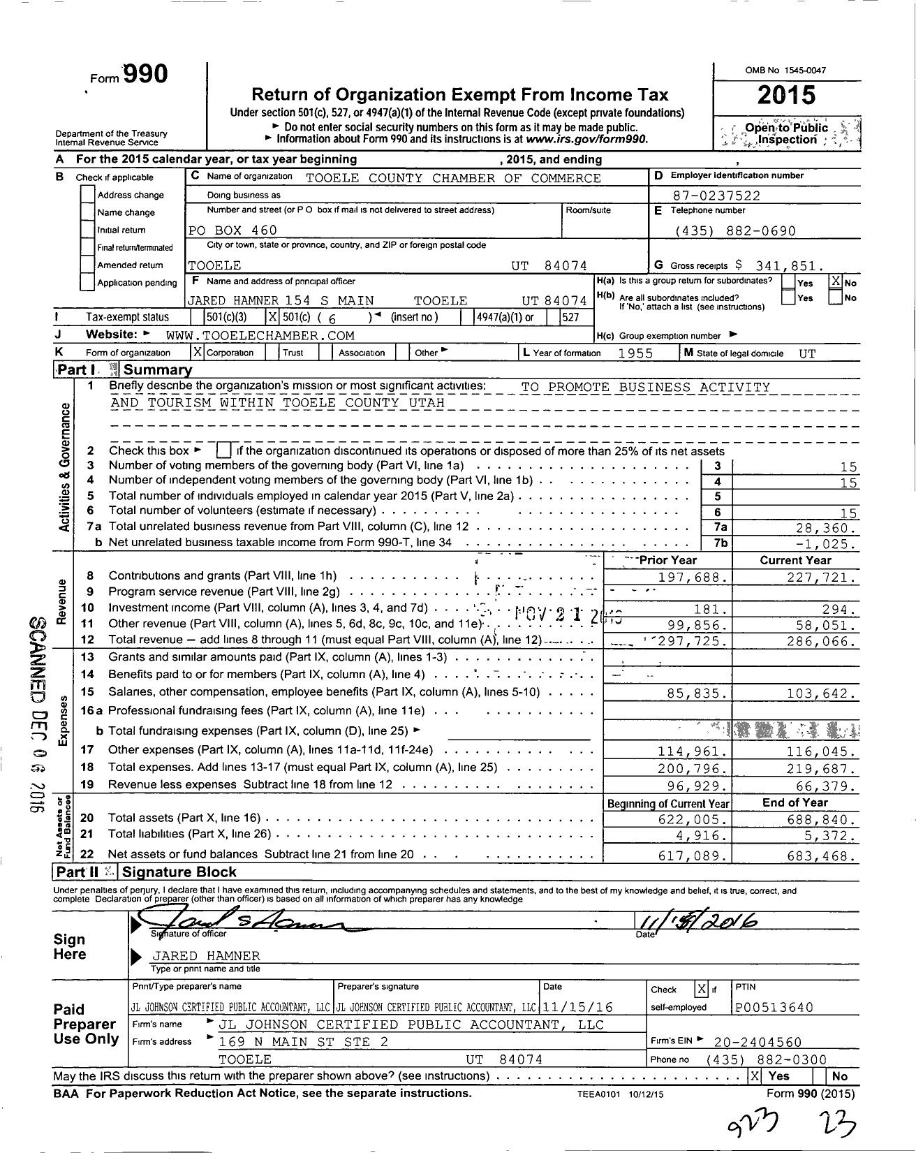 Image of first page of 2015 Form 990O for Tooele County Chamber of Commerce