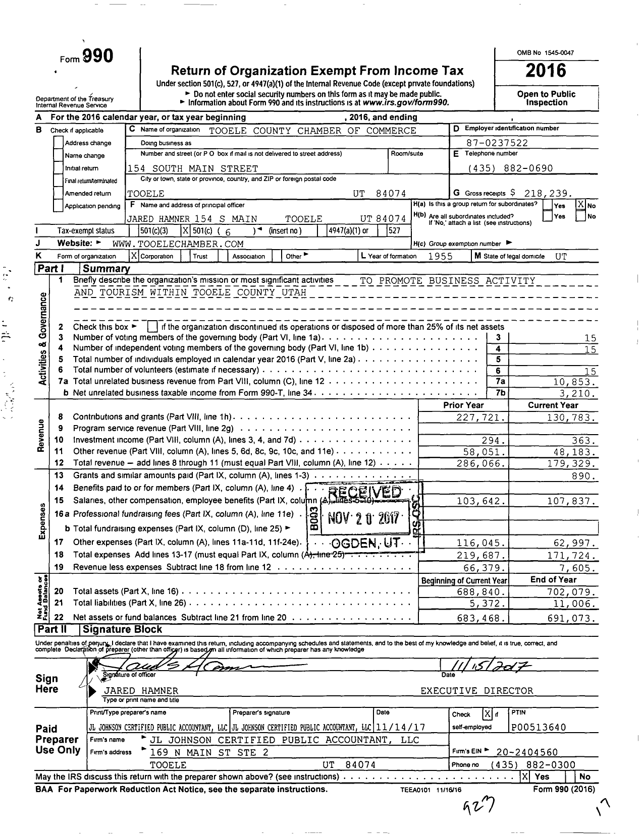 Image of first page of 2016 Form 990O for Tooele County Chamber of Commerce