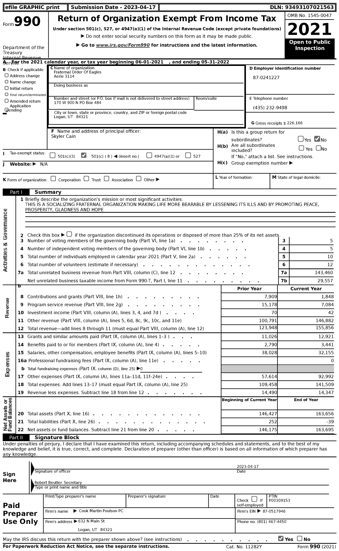 Image of first page of 2021 Form 990 for Fraternal Order Of Eagles - 3114 Aerie