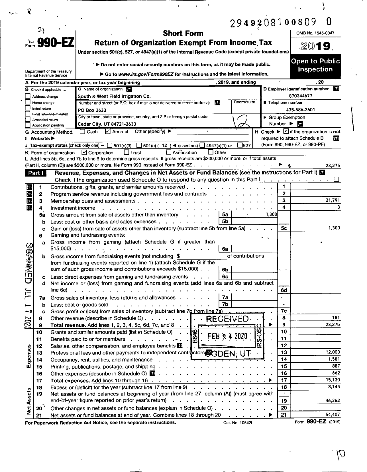 Image of first page of 2019 Form 990EO for South and West Field Irrigation Company