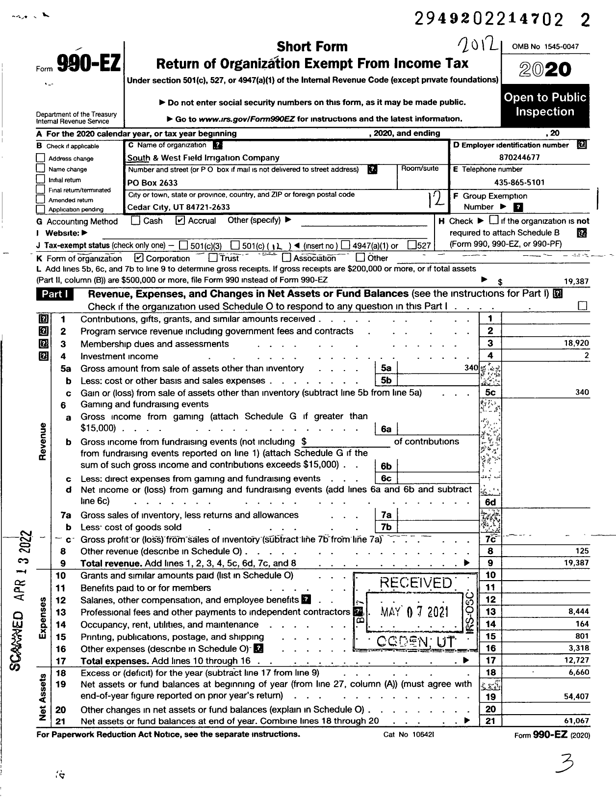 Image of first page of 2020 Form 990EO for South and West Field Irrigation Company