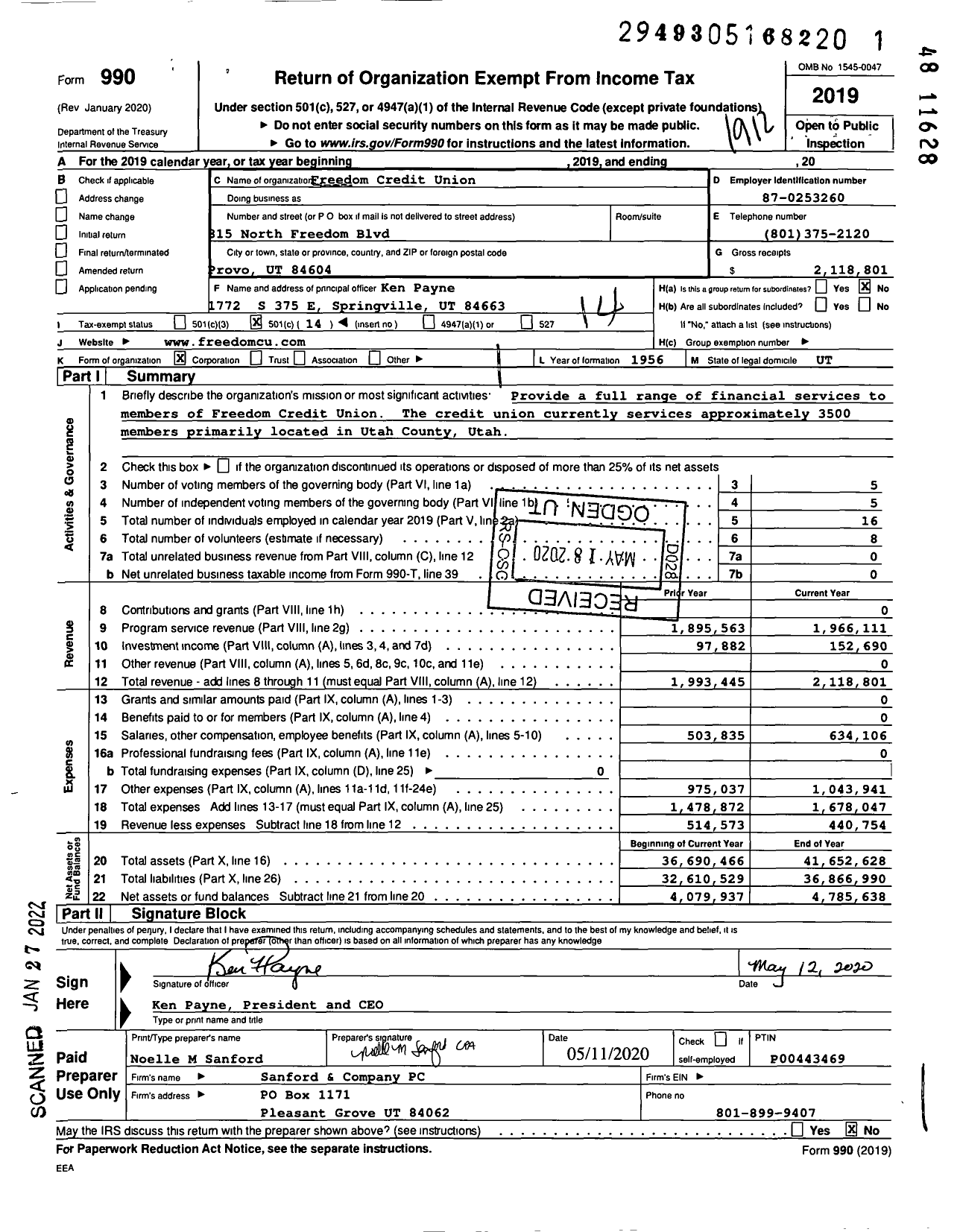 Image of first page of 2019 Form 990O for Freedom Credit Union