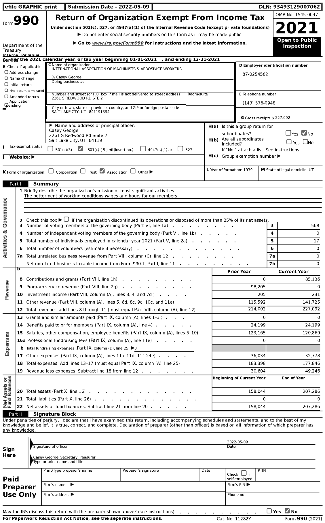 Image of first page of 2021 Form 990 for International Association of Machinists and Aerospace Workers - 568