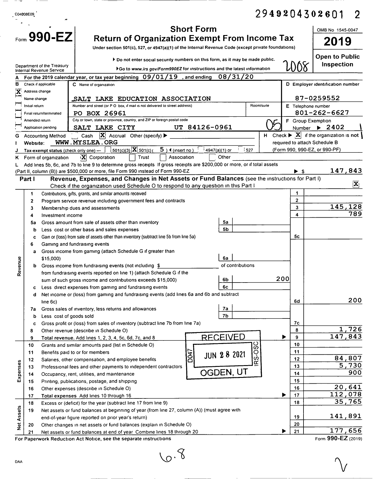 Image of first page of 2019 Form 990EO for Salt Lake Education Association