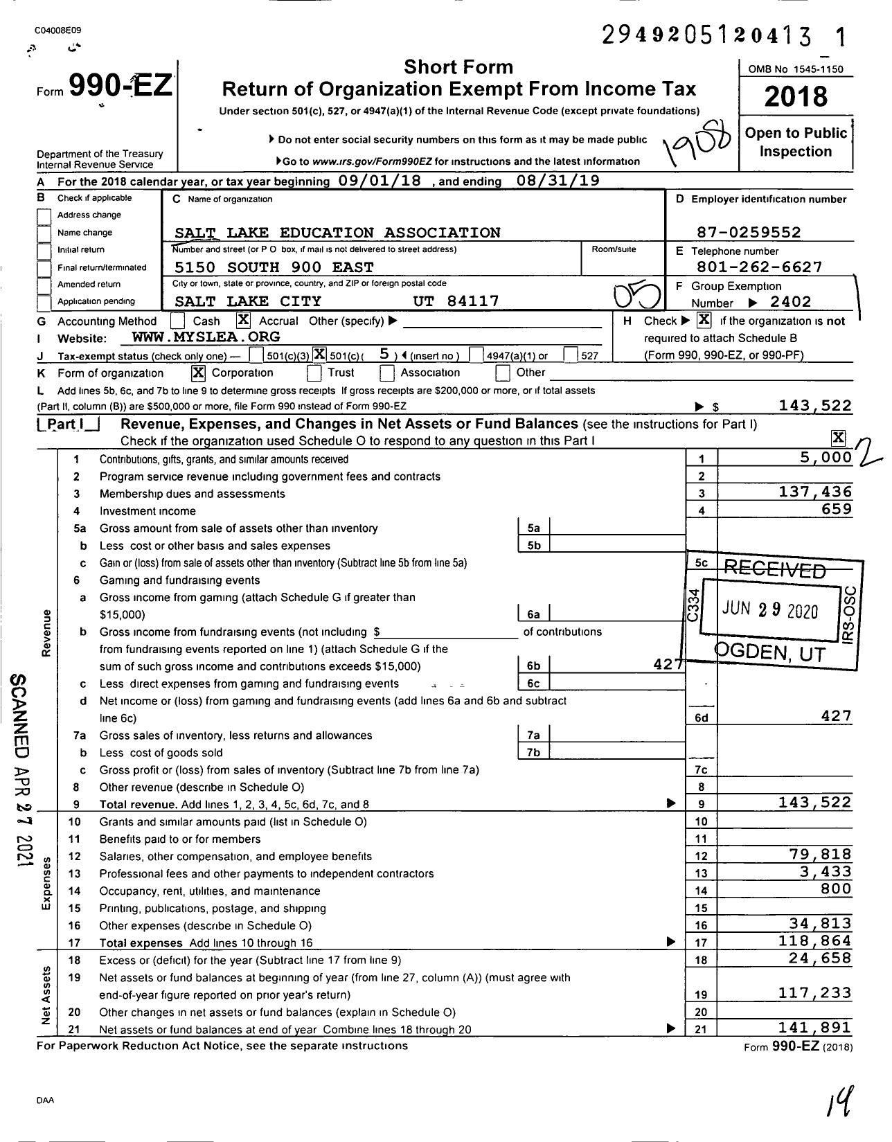 Image of first page of 2018 Form 990EO for Salt Lake Education Association