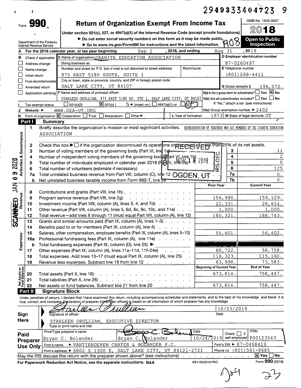 Image of first page of 2018 Form 990O for Granite Education Association