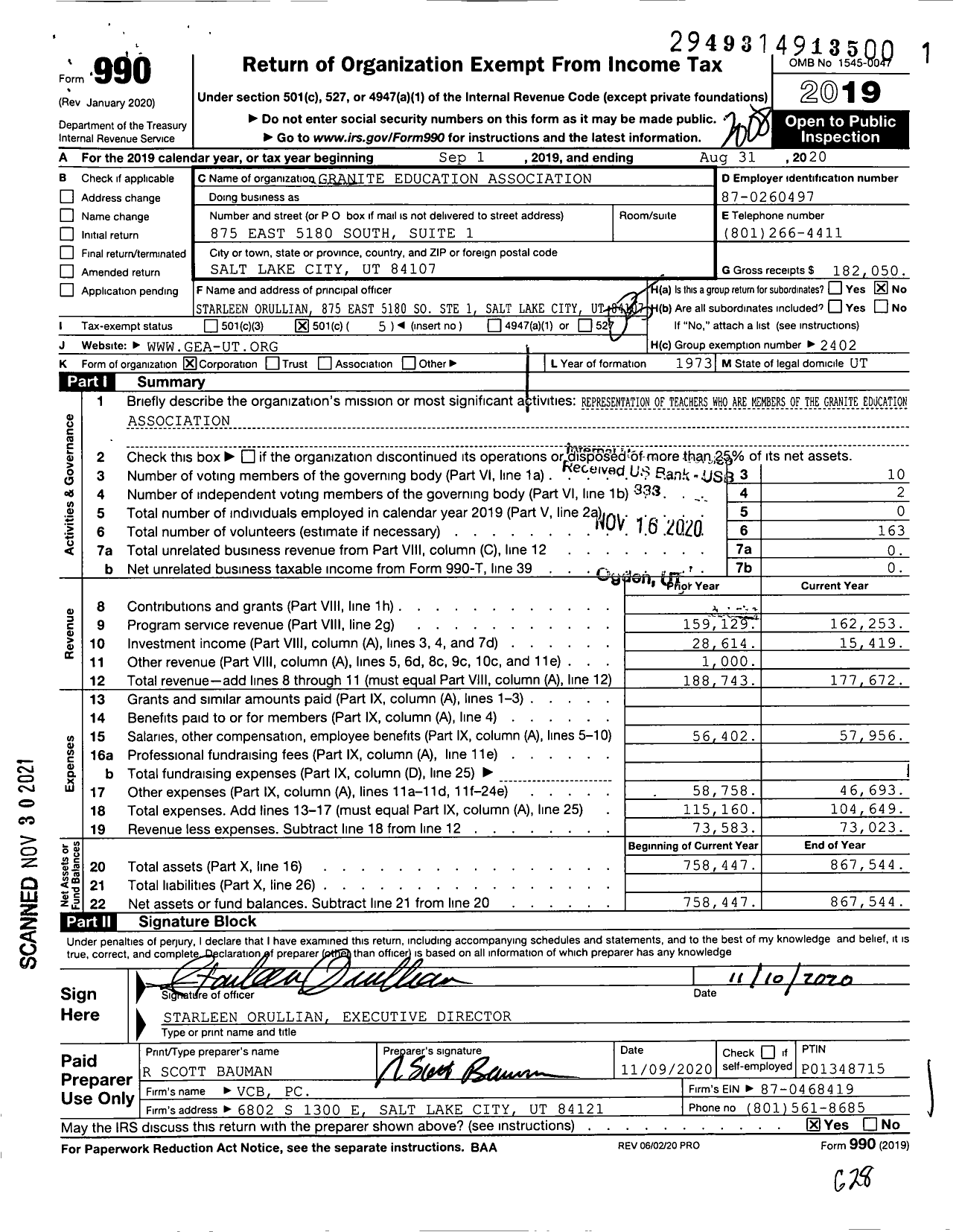 Image of first page of 2019 Form 990O for Granite Education Association