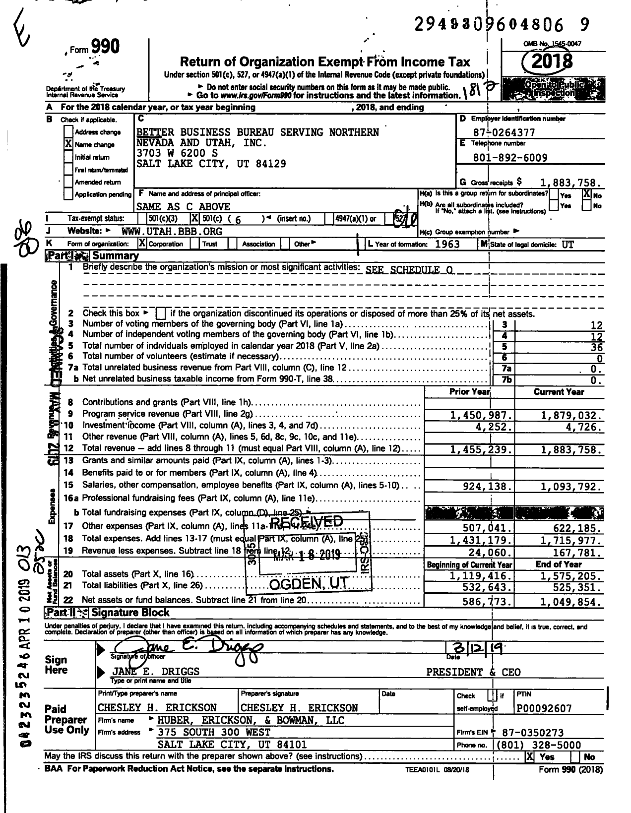 Image of first page of 2018 Form 990O for Better Business Bureau Serving Northern Nevada and Utah