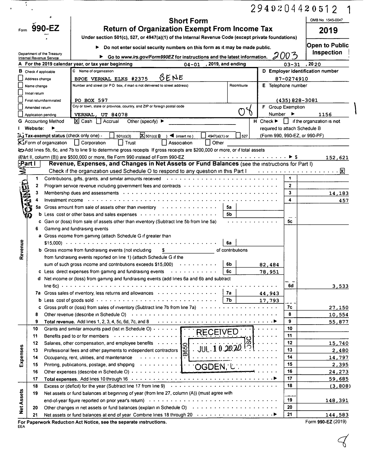 Image of first page of 2019 Form 990EO for Benevolent and Protective Order of Elks - 2375 Vernal