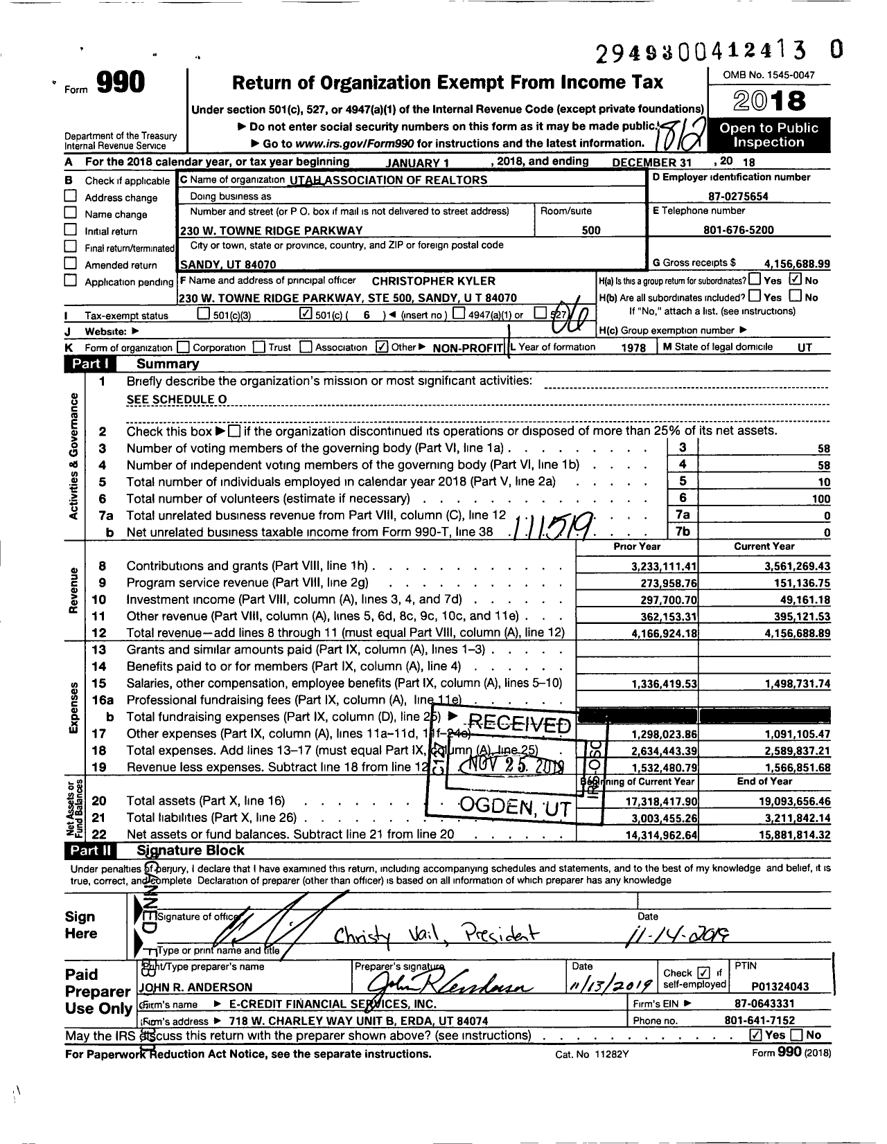 Image of first page of 2018 Form 990O for Utah Association of Realtors