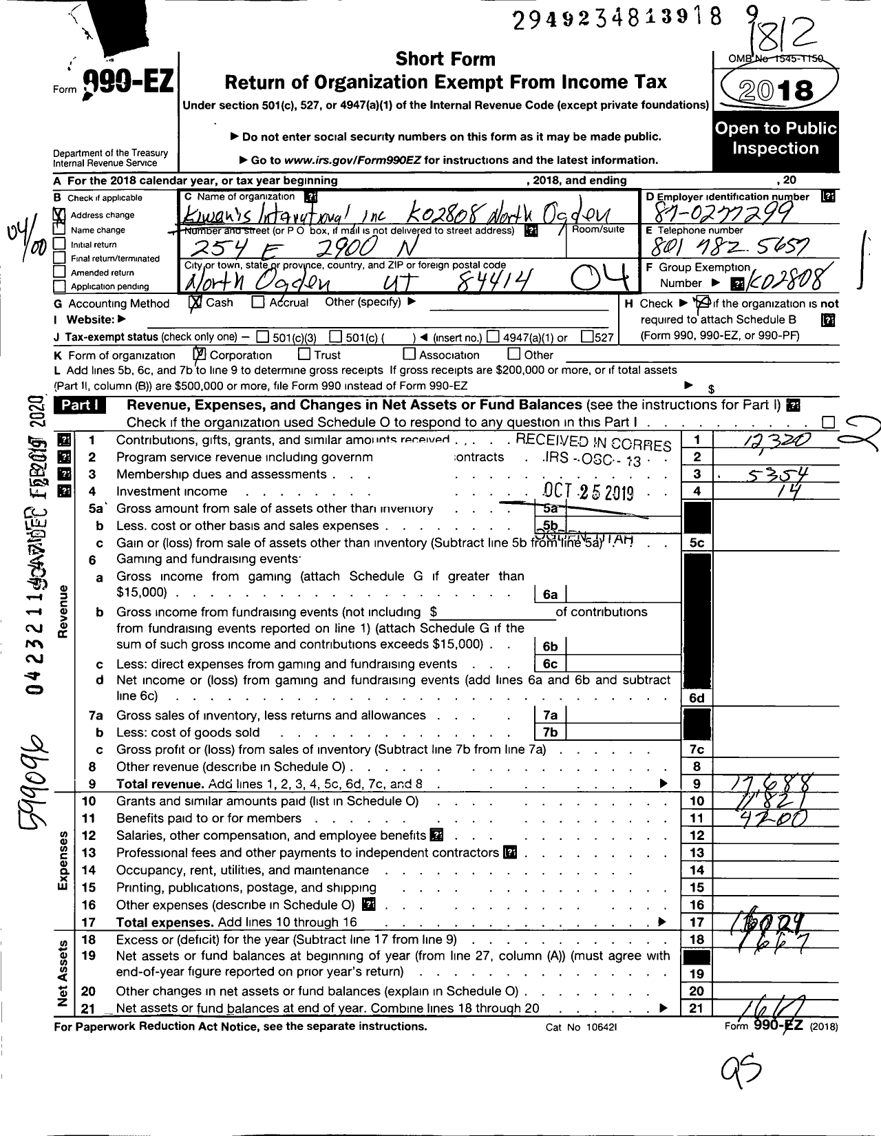 Image of first page of 2018 Form 990EO for Kiwanis International - K02808 North Ogden