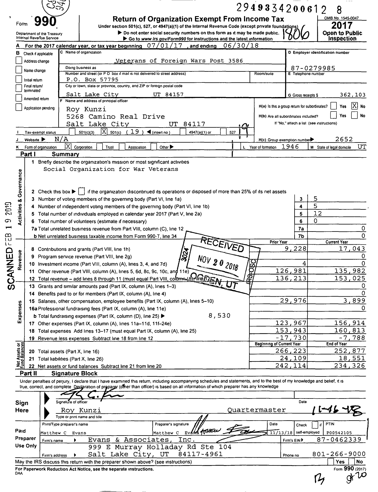 Image of first page of 2017 Form 990O for Veterans of Foreign Wars of the United States Dept of Utah - 3586