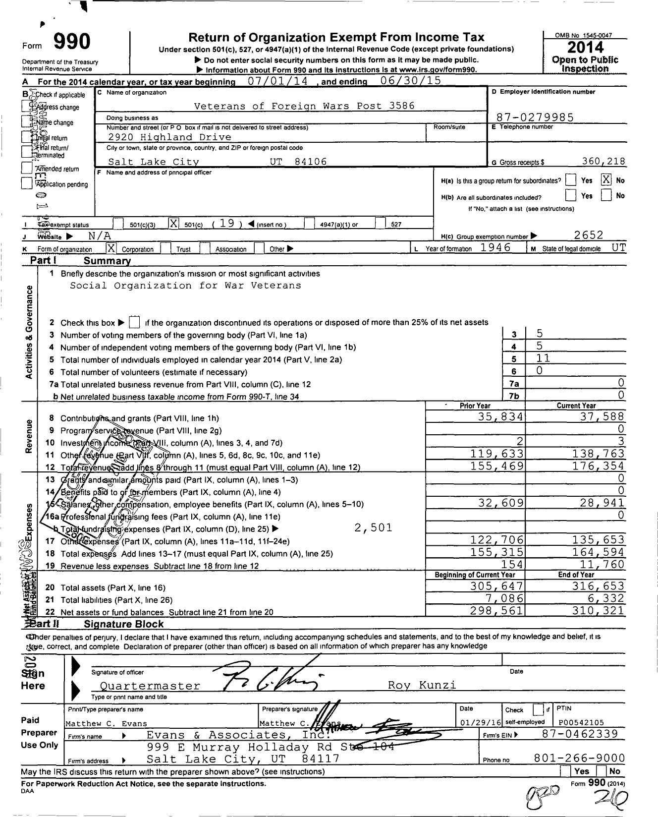 Image of first page of 2014 Form 990O for Veterans of Foreign Wars of the United States Dept of Utah - 3586