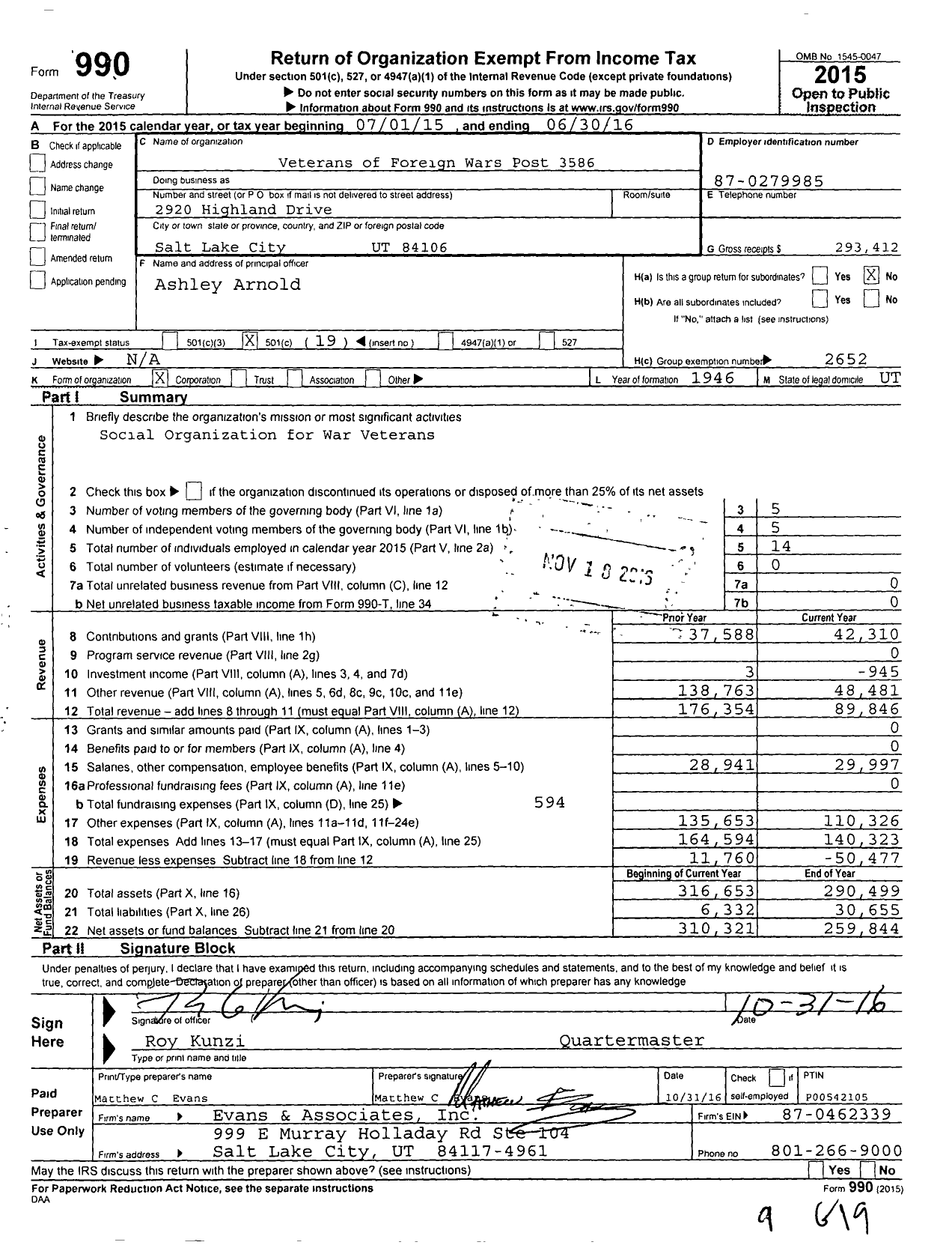 Image of first page of 2015 Form 990O for Veterans of Foreign Wars of the United States Dept of Utah - 3586