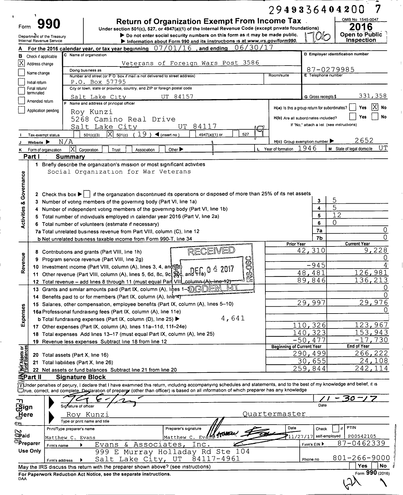 Image of first page of 2016 Form 990O for Veterans of Foreign Wars of the United States Dept of Utah - 3586