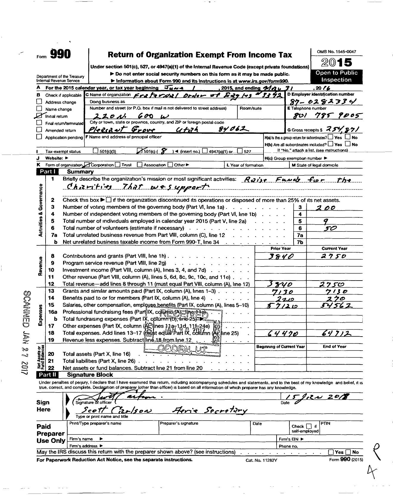Image of first page of 2015 Form 990O for Fraternal Order of Eagles - 3372 Aerie