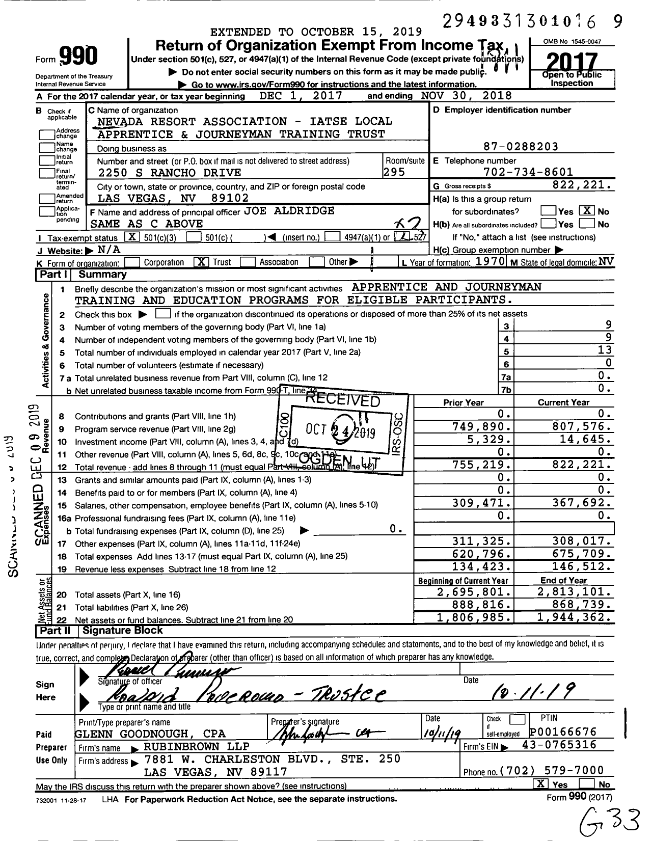 Image of first page of 2017 Form 990 for Nevada Resort Association-Iatse Local Apprentice and Journeyman Training Trust