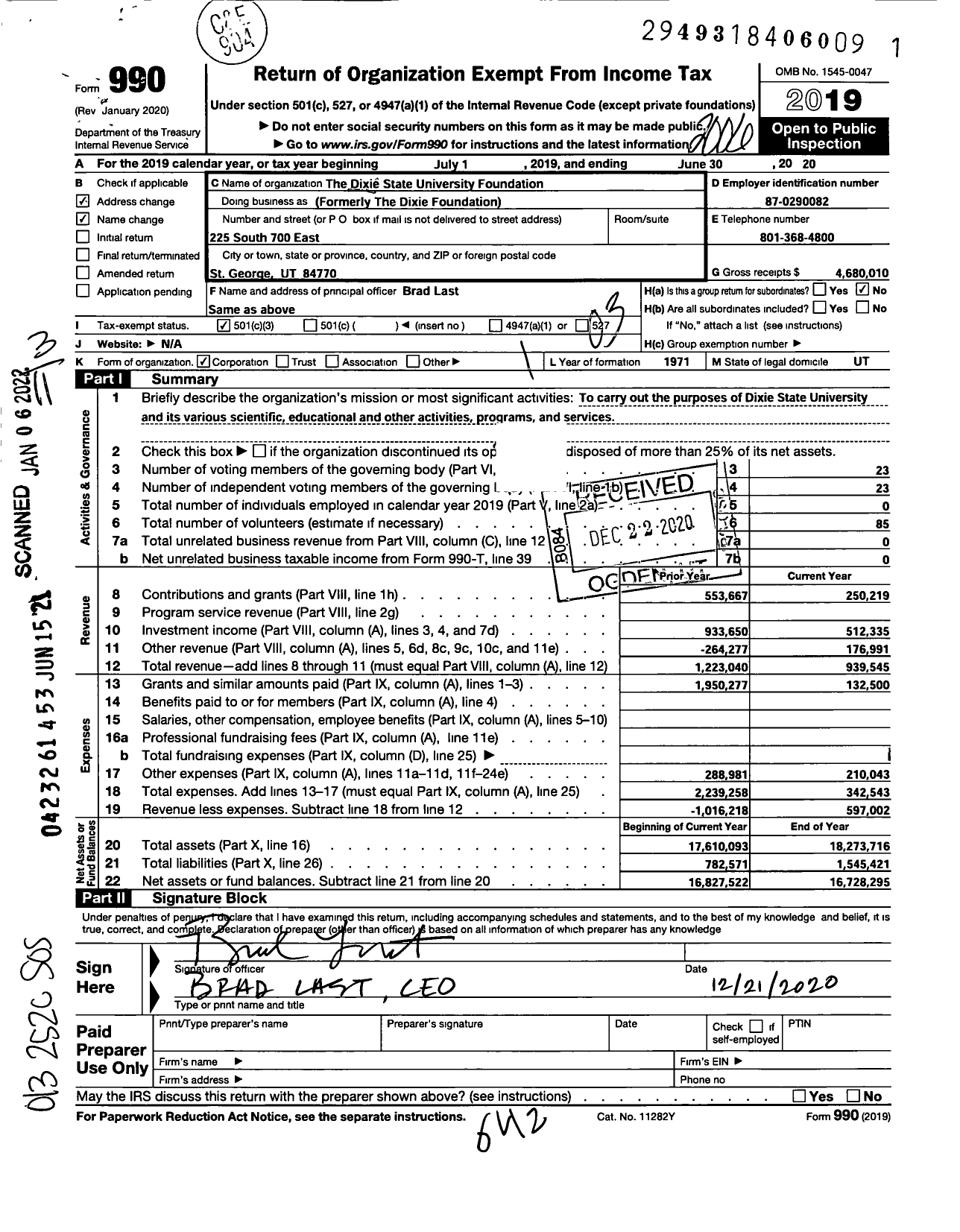 Image of first page of 2019 Form 990 for Utah Tech University Foundation