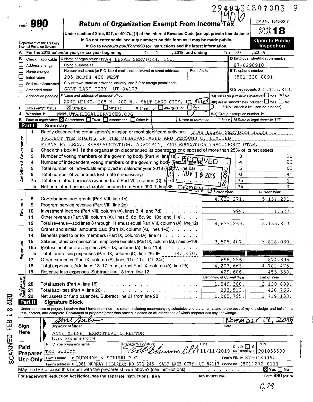 Image of first page of 2018 Form 990 for Utah Legal Services