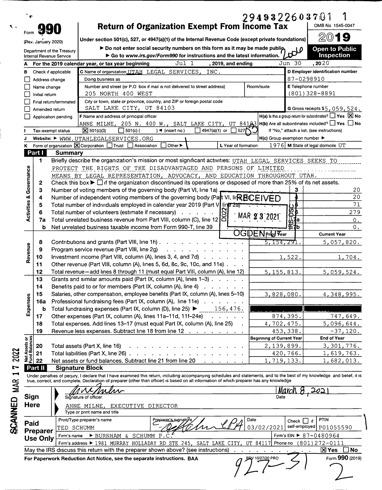 Image of first page of 2019 Form 990 for Utah Legal Services