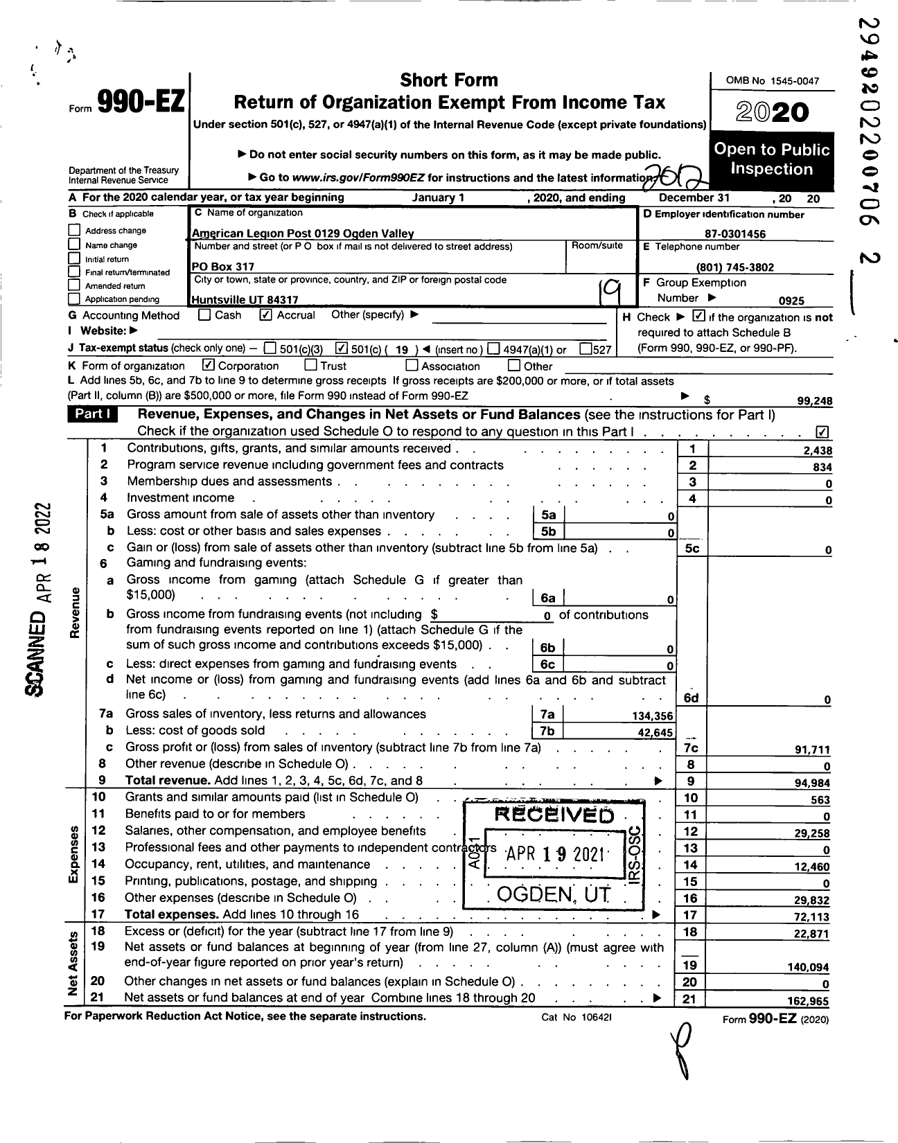 Image of first page of 2020 Form 990EO for AMERICAN Legion - 129 Ogden Valley POST