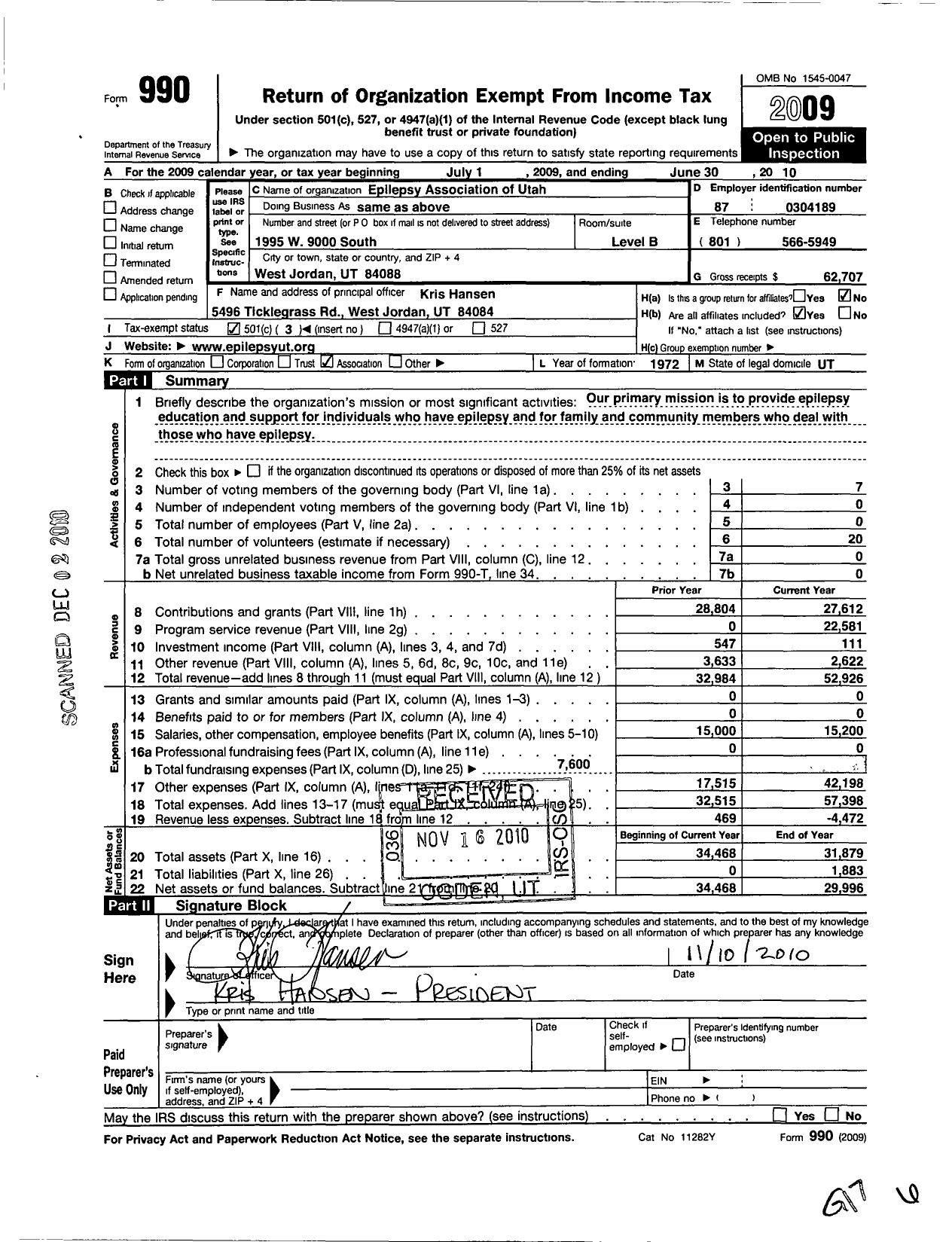 Image of first page of 2009 Form 990 for Epilepsy Association of Utah