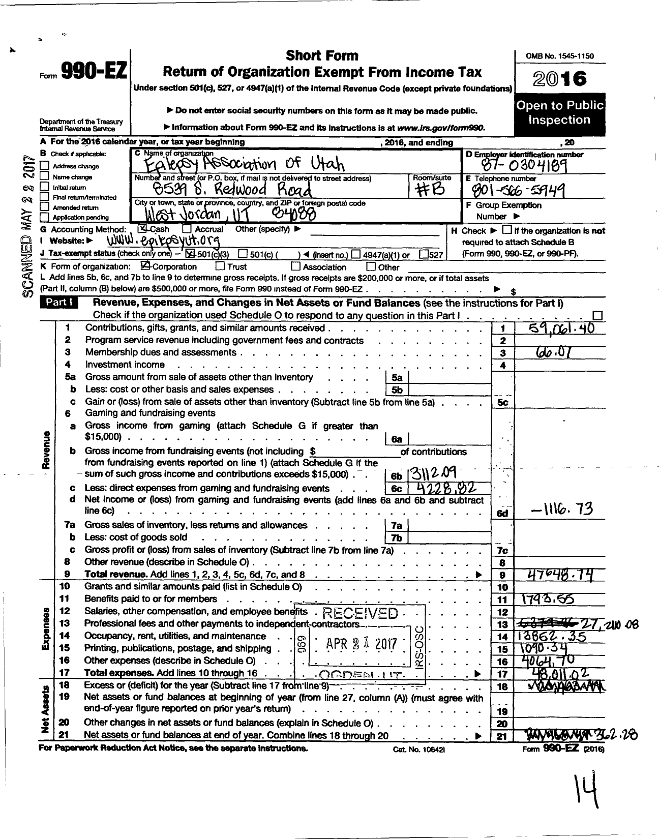 Image of first page of 2016 Form 990EZ for Epilepsy Association of Utah