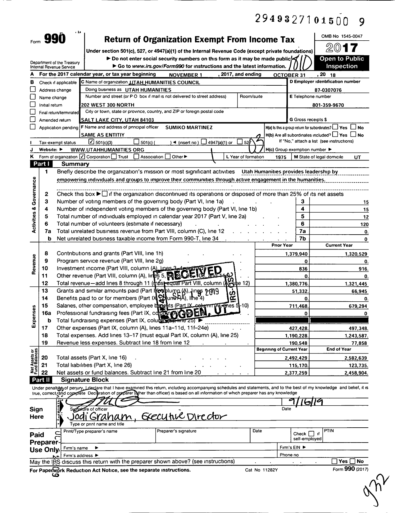 Image of first page of 2017 Form 990 for Utah Humanities