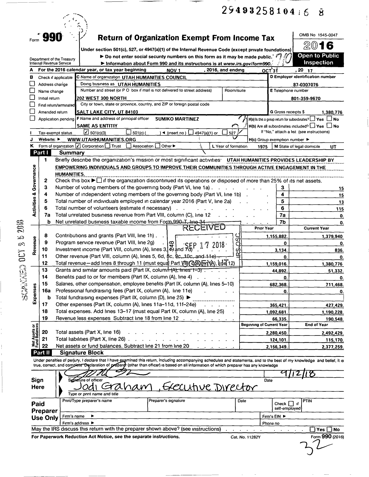Image of first page of 2016 Form 990 for Utah Humanities