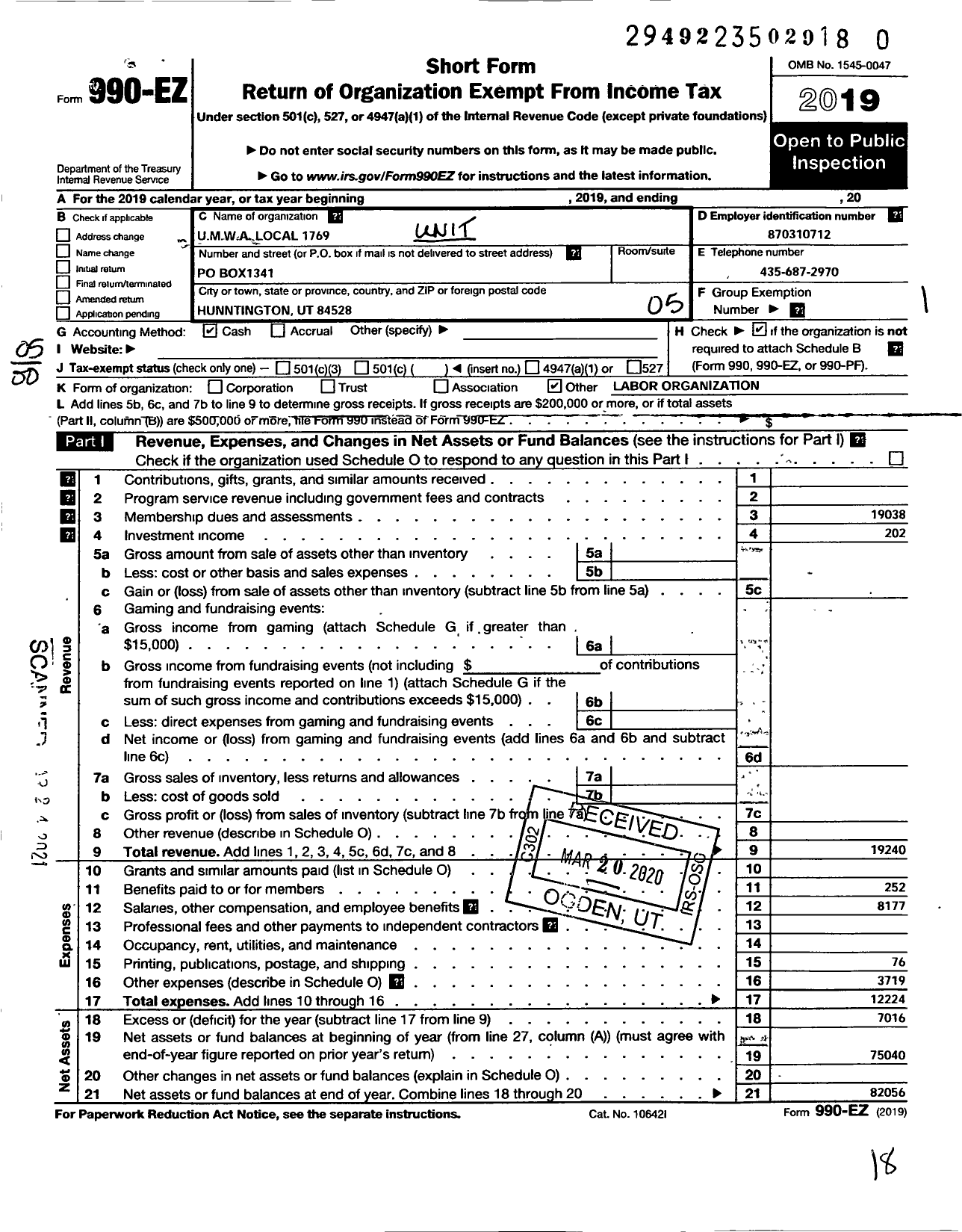 Image of first page of 2019 Form 990EO for United Mine Workers of America International - 1769