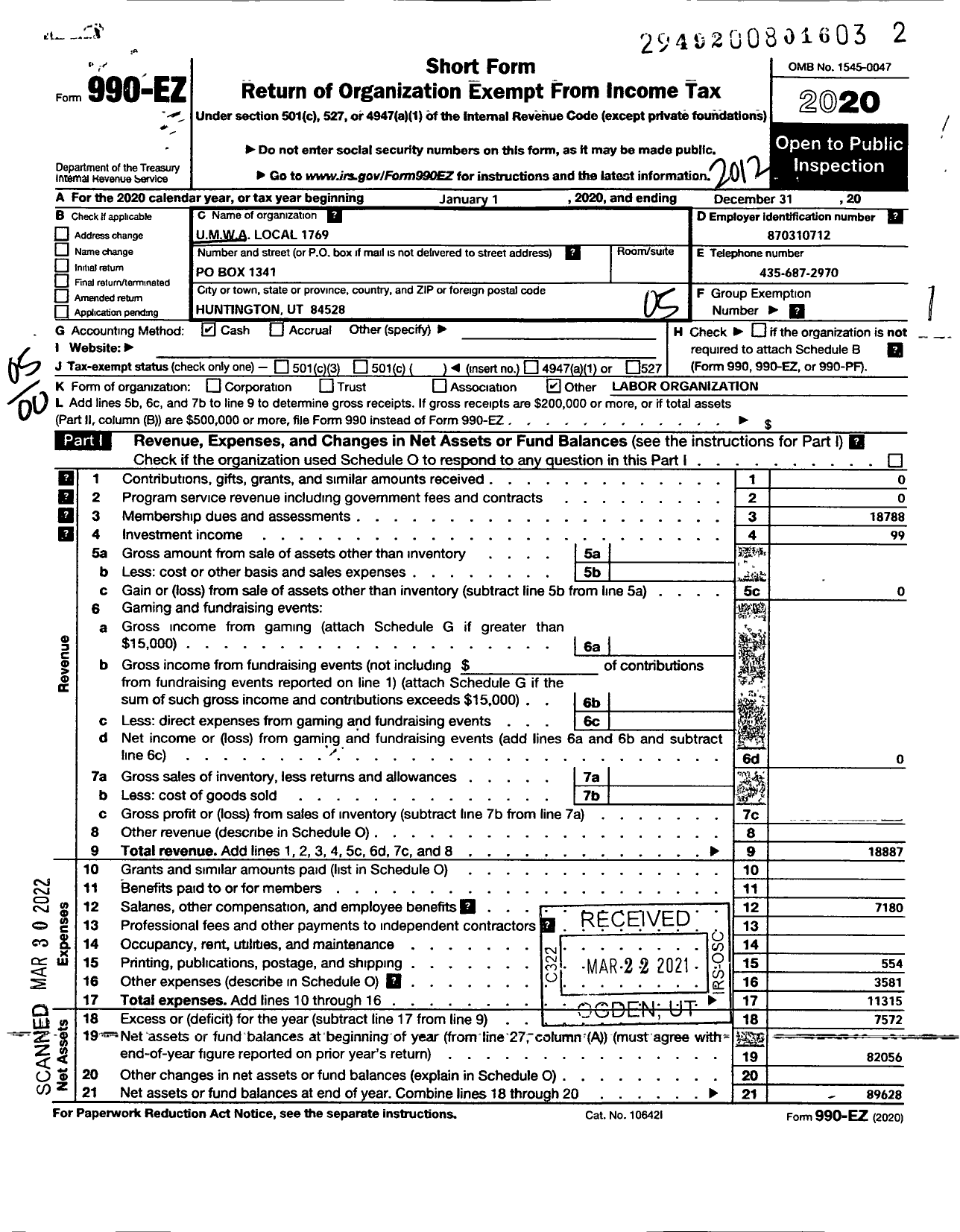 Image of first page of 2020 Form 990EO for United Mine Workers of America International - 1769