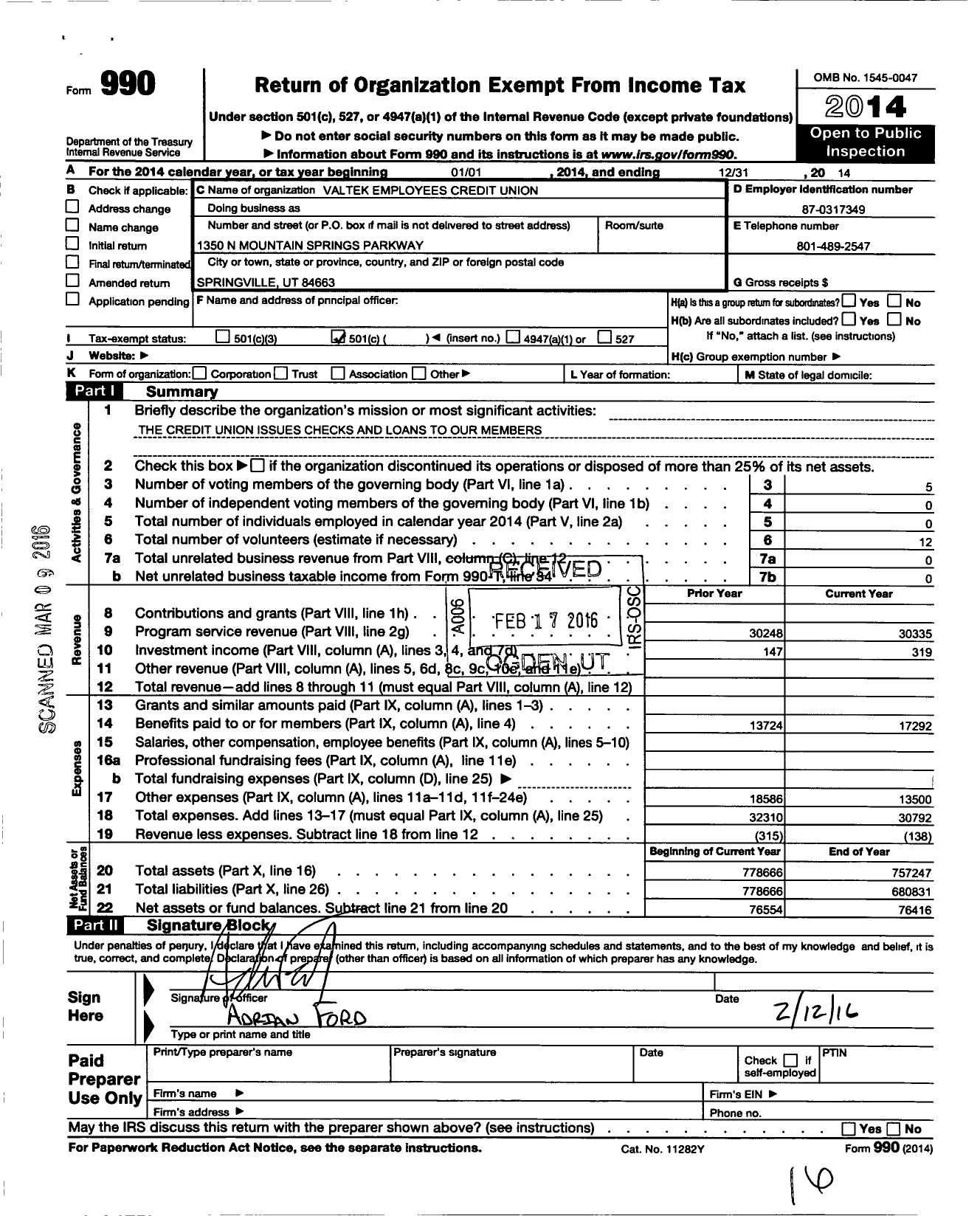 Image of first page of 2014 Form 990O for Credit Unions Chartered in the State of Utah / Valtek Credit Union