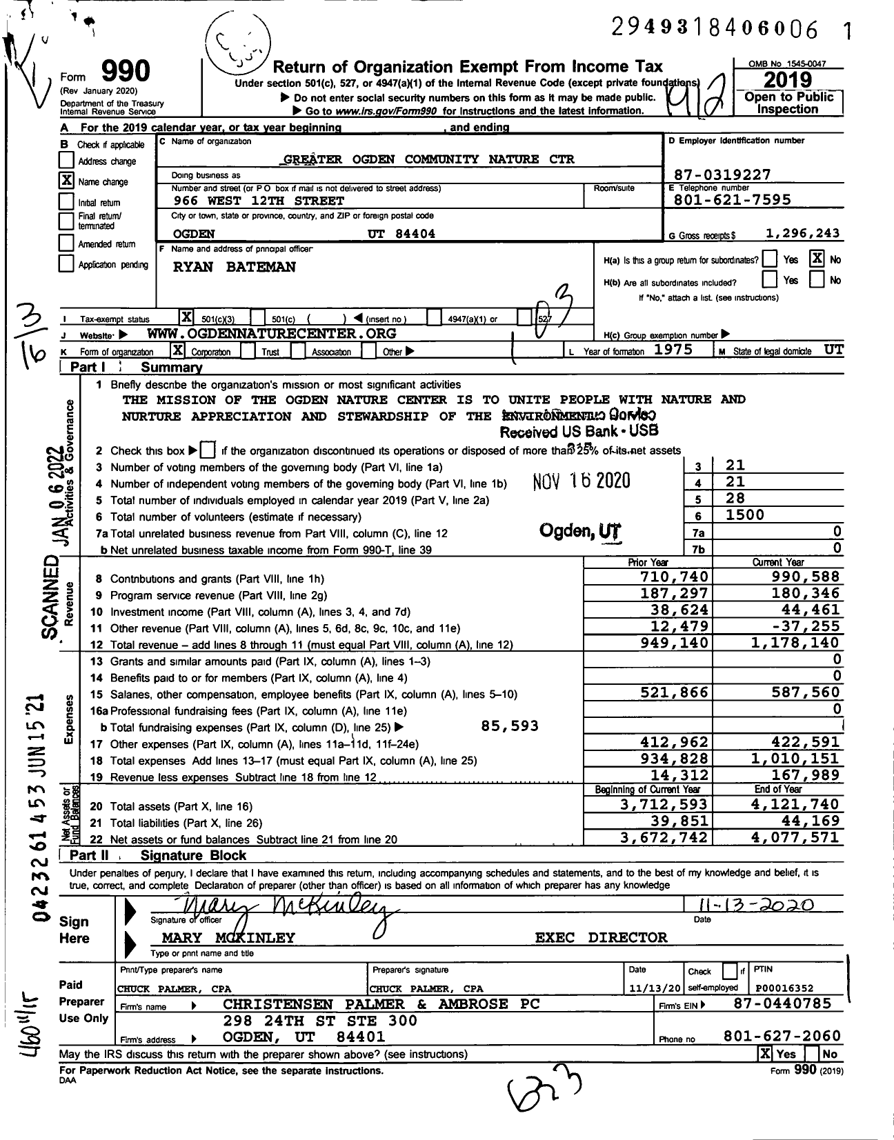 Image of first page of 2019 Form 990 for Greater Ogden Community Nature Center