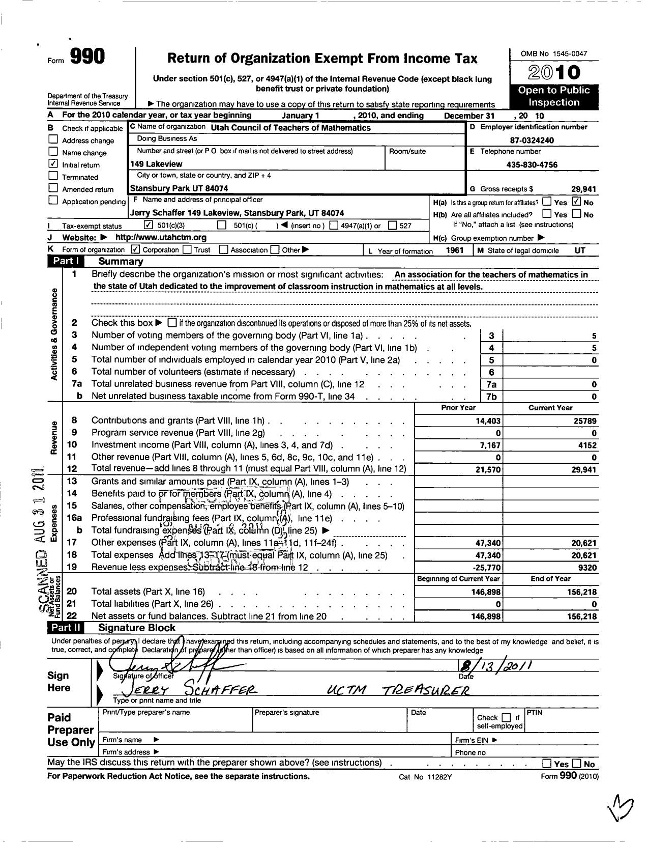 Image of first page of 2010 Form 990 for Utah Council of Teachers of Mathematics