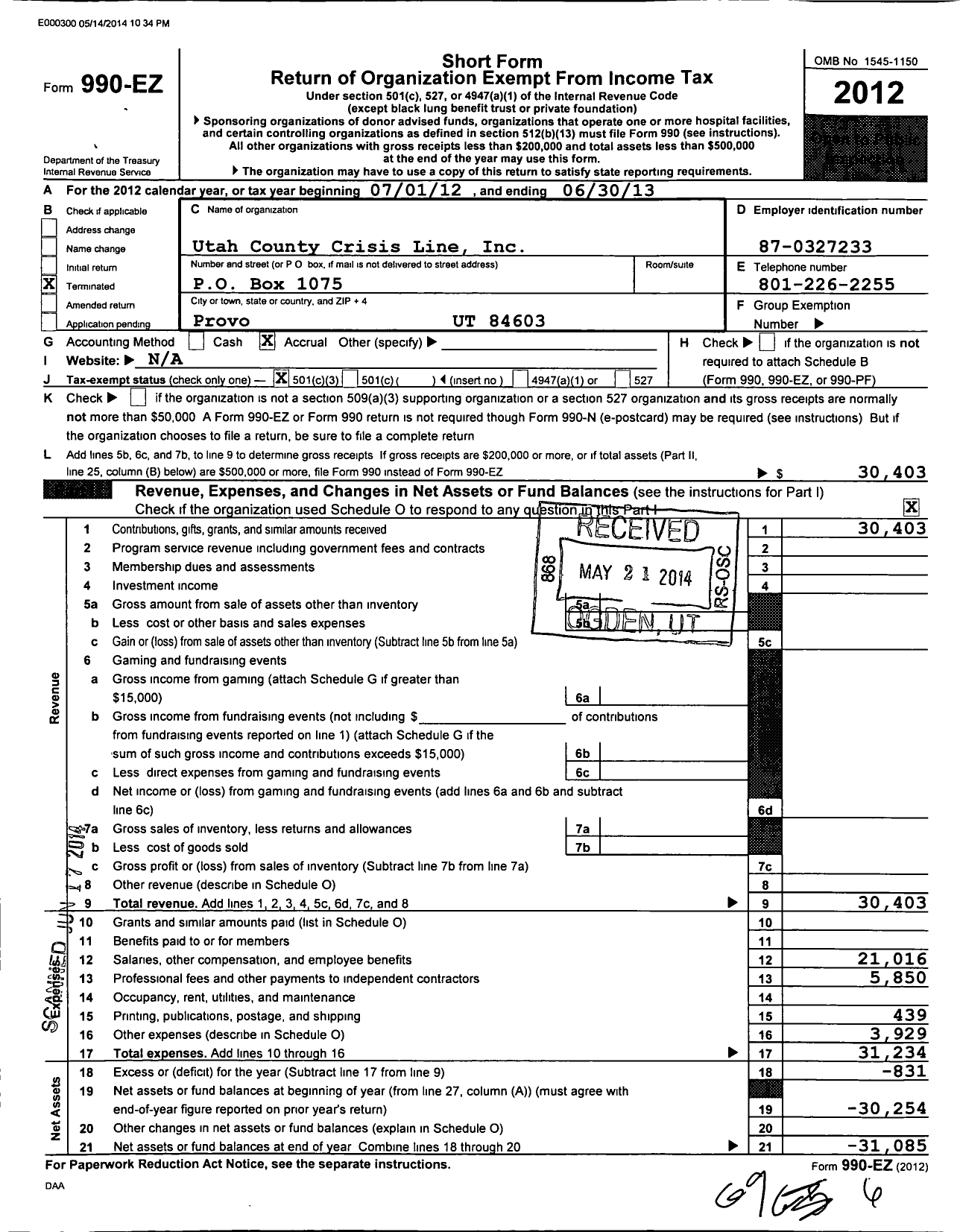 Image of first page of 2012 Form 990EZ for Utah County Crisis Line