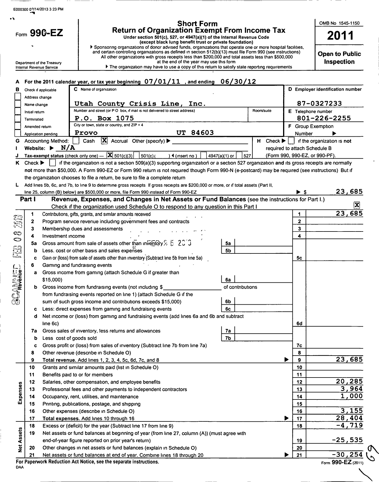 Image of first page of 2011 Form 990EZ for Utah County Crisis Line