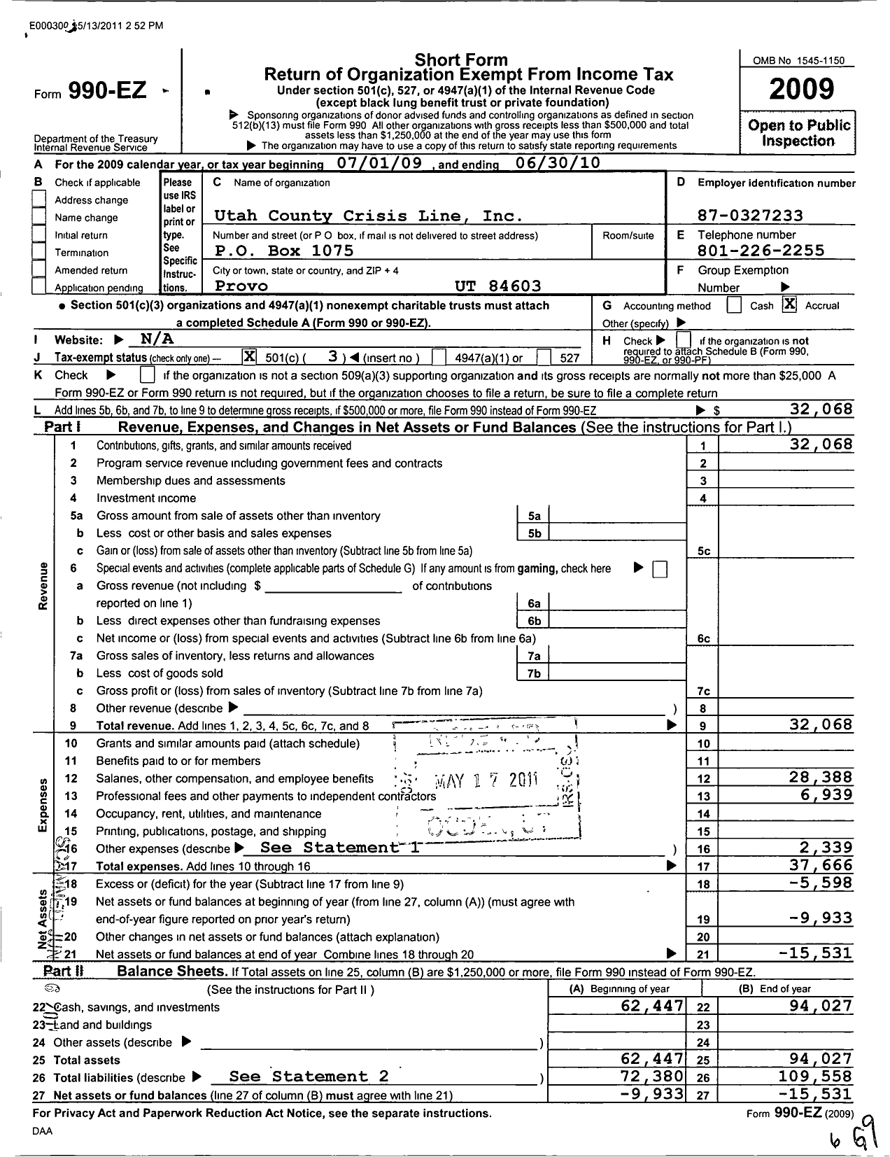 Image of first page of 2009 Form 990EZ for Utah County Crisis Line